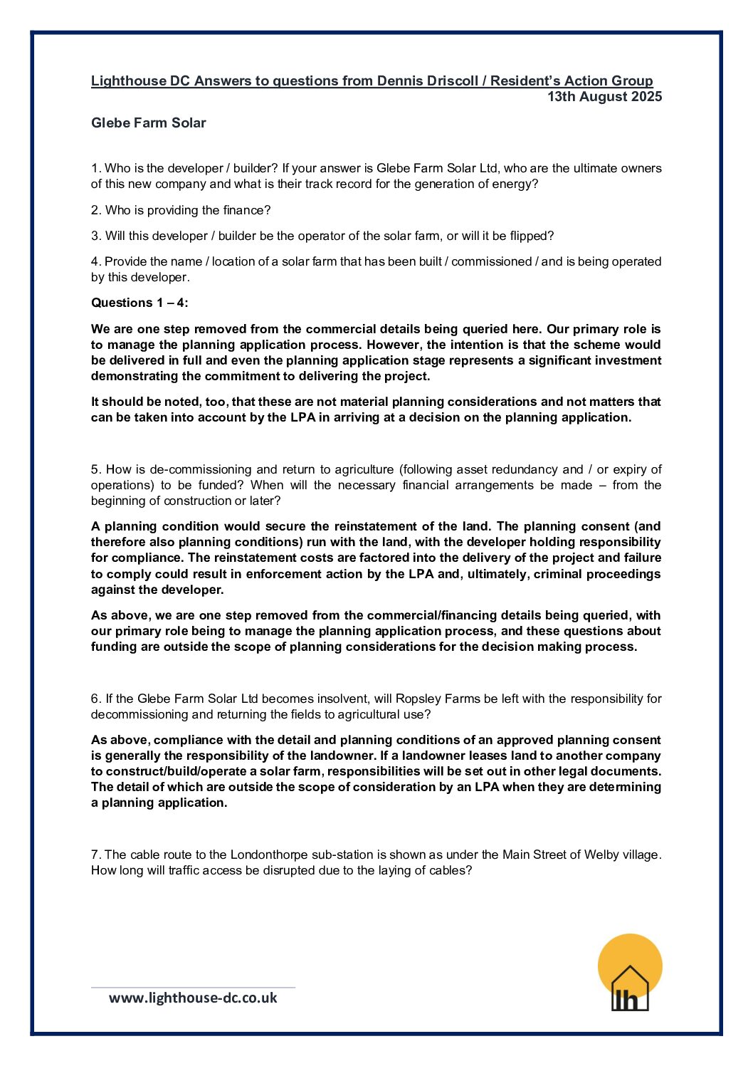 Lighthouse DC replies to R.A.G. questions